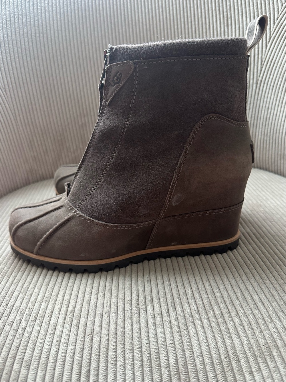 UGG Chocolate Brown Suede Wedge Ankle Booties with Shearling Trim